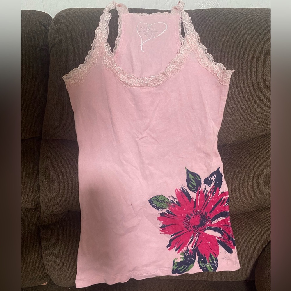 Rue21 Pink Ruffled Graphic Sleeveless Tank Top